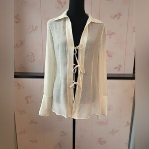 WAYF Cream sheer tie front blouse collared Romantic Long sleeve top S